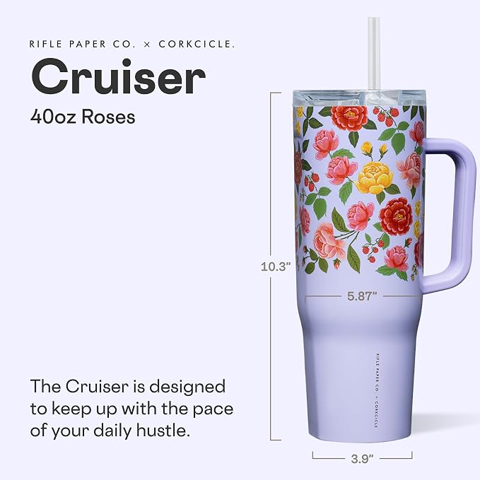 Corkcicle x Rifle Paper Co. Cruiser Insulated Tumbler with Handle & Straw - Keeps Drinks Cold 20 Hours - BPA-Free - Gift for Mom - Great for Mother's Day or Christmas - 40 oz - Roses Purple