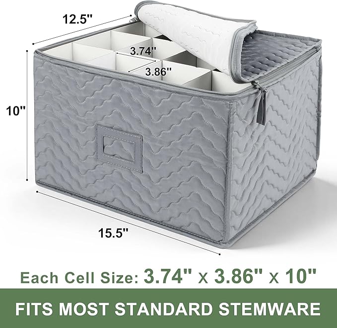 LotFancy Stemware Storage Container - Deluxe Quilted Storage Case with Dividers for 12 - Wine Glasses, Champagne Flutes, Glassware, Drinkware Storage Box Chest, 15.5"x12.5"x 10", Gray