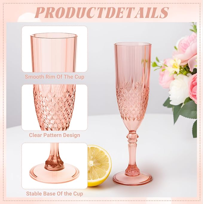 Plastic Champagne Flutes, Champagne Glasses Bulk, Reusable Unbreakable Acrylic Wine Glasses Goblets for Weddings Bachelor Parties Toasting Bridal Shower (24, Rose Gold)