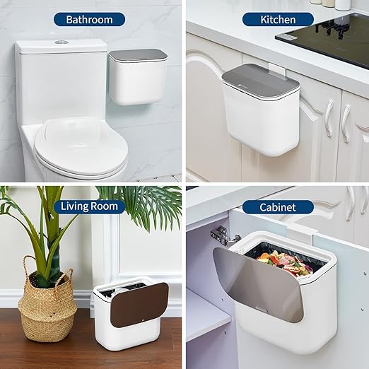 Hanging Kitchen Trash Can with Lid - 1.8 Gallon Small Compost Bin for Cabinet Door, Under Sink - Odor-Sealing Stainless Steel Top Food Waste Bin for RV, Bathroom, Office - Indoor Recycling Bin
