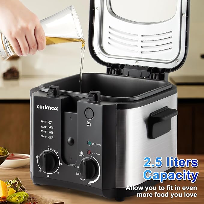 CUSIMAX Electric Deep Fryer for Home Use, 2.5 Liter 1500W Small Deep Fryer with Basket, Adjustable Temperature & Time, Lid with View Window and Odor Free Filter