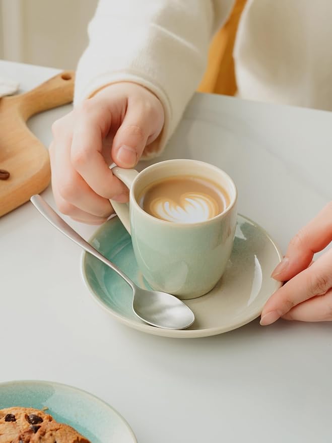 famiware Glacier Espresso Cups with Saucers Set of 4, 3oz Espresso Cup Set, Coffee Mug Set for Latte, Macchiato, Stoneware Demitasse Cups Set for Cafe, Microwave&Dishwasher Safe, Aqua