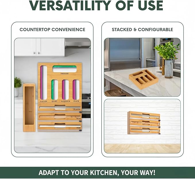 9 in 1 Bamboo Storage Bag Organizer for Kitchen Drawer, Bamboo Kitchen Drawer Organizer with Cutter, Foil and Plastic Wrap Dispenser, Ideal Storage for Gallon, Quart, Sandwich and Snack Bags