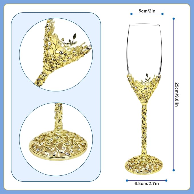Gold Champagne Flutes -His and Hers,Wedding Toasting Glasses for Wedding,Engagement Celebrations, Bridal Shower and Registry Idea,Wine Glasses for Bride and Groom Gifts,7oz (Light Glod)
