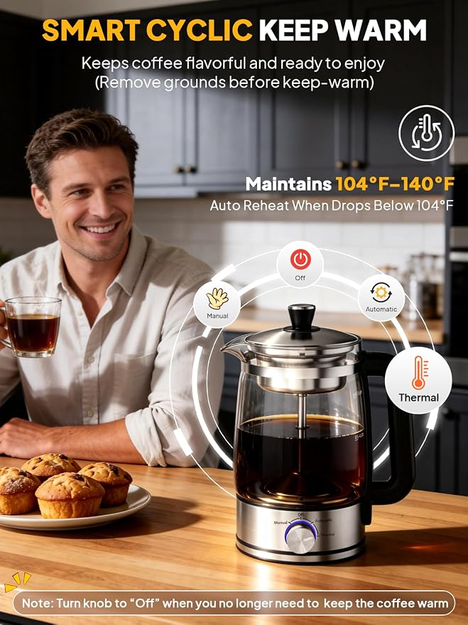 Horavie 8-Cup Electric Percolator Coffee Maker – Borosilicate Glass Carafe, Stainless Steel Filter, Auto or Manual Brew, Manual Keep Warm, Black