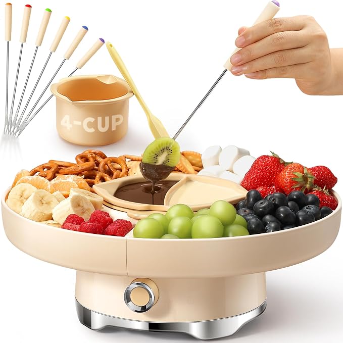 LUSHYUM Electric Chocolate Fondue Set, 4-Cup Chocolate, Rotating Tray | Melt & Warm Modes, Dual Silicone Inserts, 6 Color-Coded Forks, Easy-Clean, Ideal for Candy Melts, Couple Family & Date Night