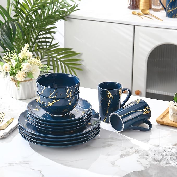 Modern Porcelain 16 Piece Blue Dinnerware Set,Plates and Bowls Sets,Gold Dish Set for 4,Blue Dinnerware Set,Dinner Sets with Dinner Plates.