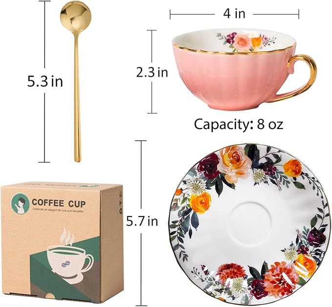 ONEUSTAR Tea Cup and Saucer Set for 1 Bone China English Tea Cup with Spoon Floral Teacup 8 oz British Coffee Latte Mug for Woomen Gifts, Pink