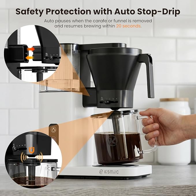 Kismile 8-Cup Coffee Maker, SCA Certified Hot & Cold Brew Coffee Machine, 6-Min Quick Brew, Magnetic Anti-Drip, Adjustable Flow Control, Keep Warm, Dishwasher Safe, DIY Manual Mode, Pearl White