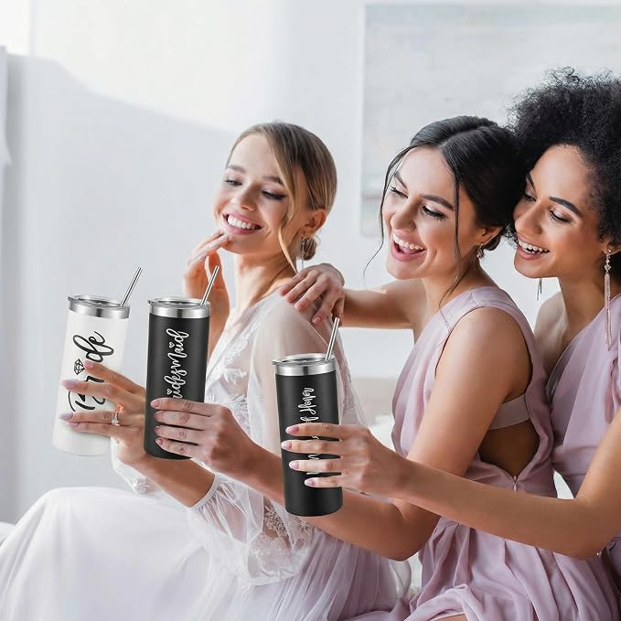 Sabary Bride Gifts Bridesmaid Tumblers Set of 8, 20 oz Insulated Bride Stainless Steel Wine Tumbler Bulk Maid of Honor Mugs with Lid and Straw for Wedding Engagement Party Gifts (White, Black)