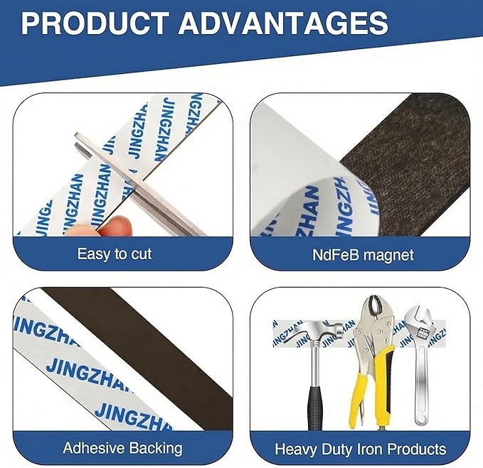 2-Pack Strong Magnetic Tape with Adhesive - Heavy Duty NdFeB Magnetic Strips (12" x 0.8"), Flexible & Cuttable for Tools, Fridge, Whiteboard, Garage Storage