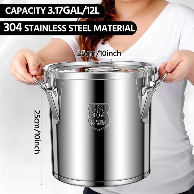 Suclain 3 Pcs 12L 304 Stainless Steel Airtight Canister Large Stainless Steel Food Storage with Secure Locking Lid Metal Leak-proof Container for Pantry Organization Rice, Flour, Oil, Water