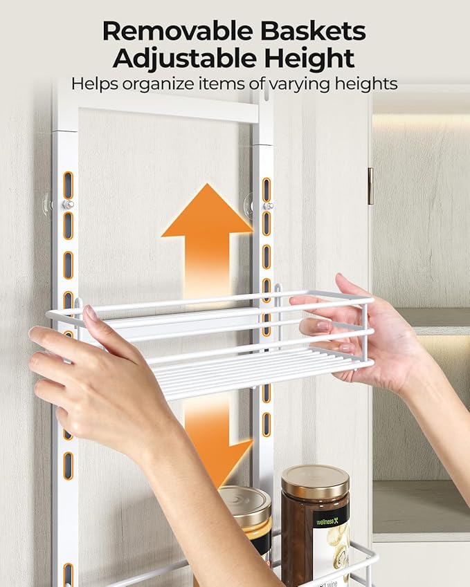 Adjustable 5-Tier Over the Door Pantry Organizer, Spice Rack, Narrow Hanging Shelf for Kitchen Storage and Organization (White)