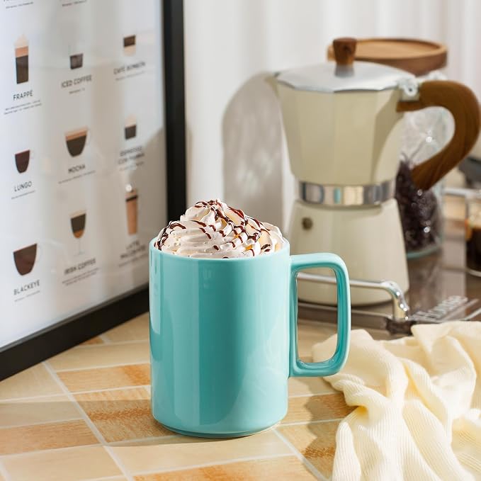 E-liu Porcelain Tea Mugs Coffee Mug Set, Large 15 Ounces Cups for Coffee, Tea, Cocoa, and Mulled Drinks, Set of 6, Turquoise
