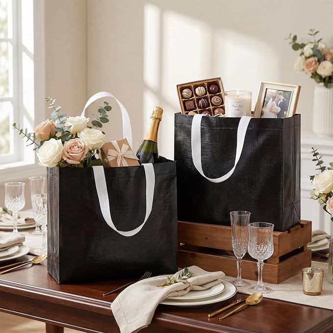 Eccliy Reusable Gift Bags Set Glossy Grocery Gift Tote Bag with Handle for Wedding, Bridal Shower, 4th of July, Summer Event(12 x 11 x 4.7 I Inch,Black,80 Pcs)