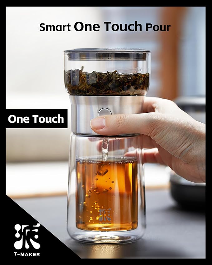 ZENS Modern Tea Infuser Teapot, One Touch Tea Maker for Loose Leaf Tea | Glass Magic Tea Pot, Mess free Tea Steeper with Insulated Mug, Portable Tea Infuser with Case for Tea Lovers