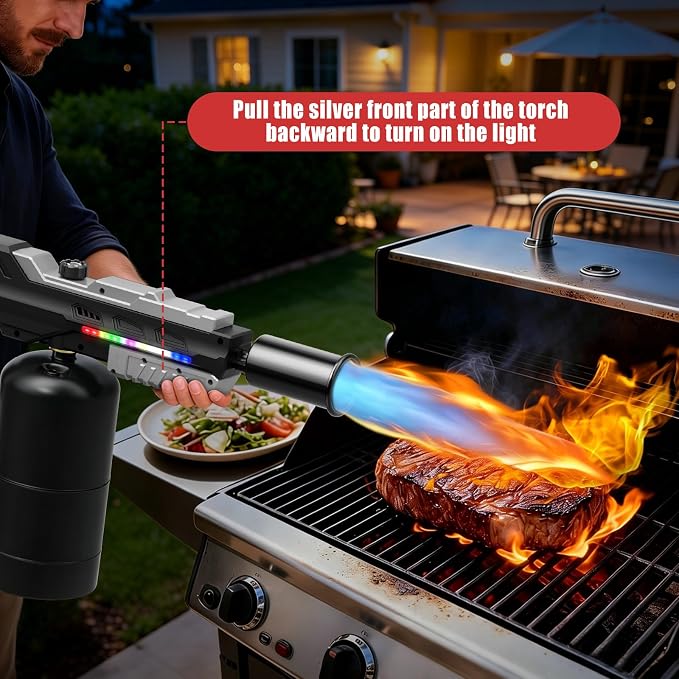 Powerful Propane Torch Gun with Front-Mounted LED Light | Adjustable Flame Thrower Gun, Flamethrower for Searing Steak, Charcoal Starter, BBQ and DIY(Propane Tank Not Included)