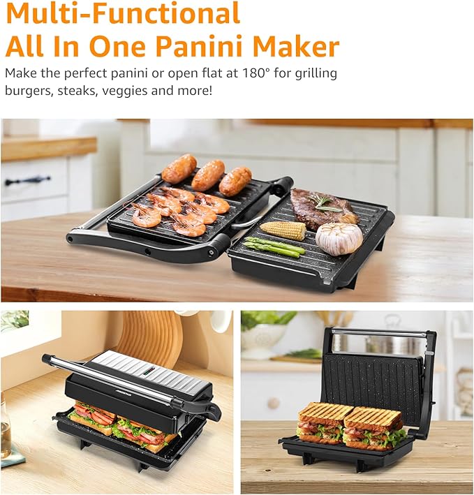 Aigostar Panini Press, Sandwich Maker Grill 1200W with Ceramic Non-stick Plates, Opens 180 Degrees for Any Size Food, Stainless Steel Surface & Removable Drip Tray, Silver