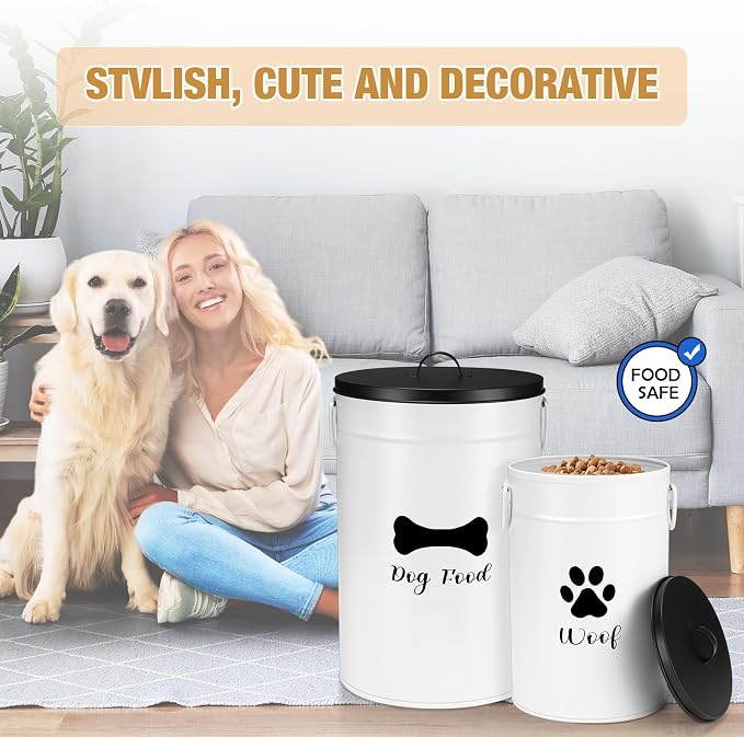 DoubleFill Extra Large 30+14 lb Metal Dog Food Storage Containers Set of 2 Airtight Dog Treat Snack Jars with Lids and Spoon Farm House Style Big Pet Cookie Storage Bin for Kitchen Counter Gift