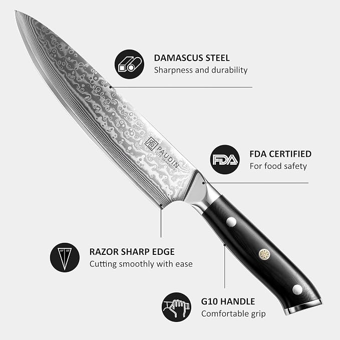 PAUDIN Chef Knife 8 Inch, 67-Layer Japanese VG10 Steel Core Damascus Kitchen Knife, Razor Sharp Japanese Chef Knife with Ergonomic G10 Handle for Home, Restaurant