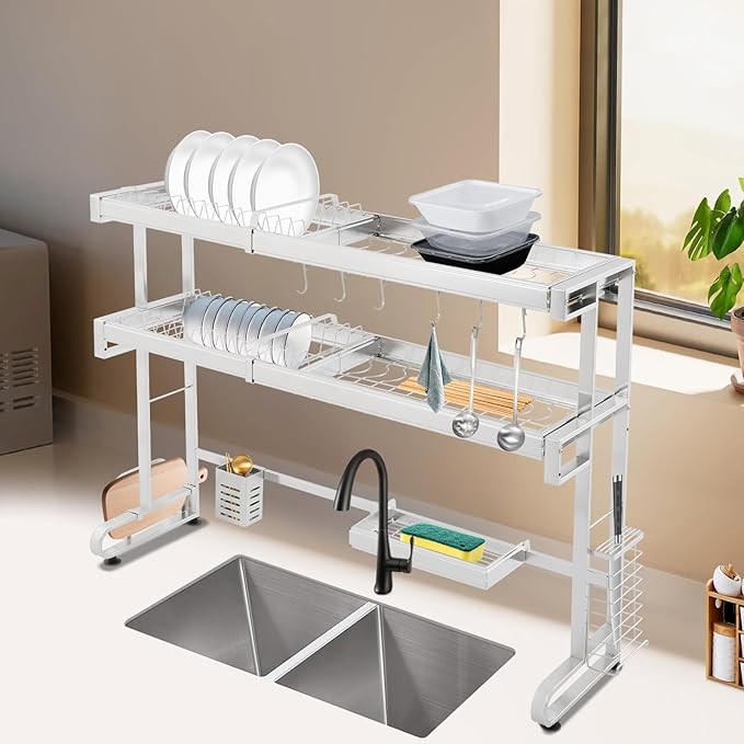 Over The Sink Dish Drying Rack, 3-Tier Drying Drainer Rack Over Sink Stainless Steel Adjustable 45.27'', Large Dish Drainer Drying Rack with Multiple Baskets Utensil Sponge Holder Sink Caddy