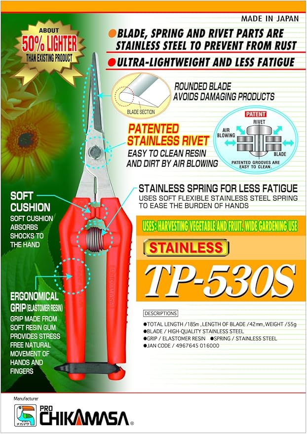 CHIKAMASA TP-530S Professional gardening shears/scissors for harvesting vegetables, fruit, trimming plants and excellent for small stem-thinning inside closed spaces.