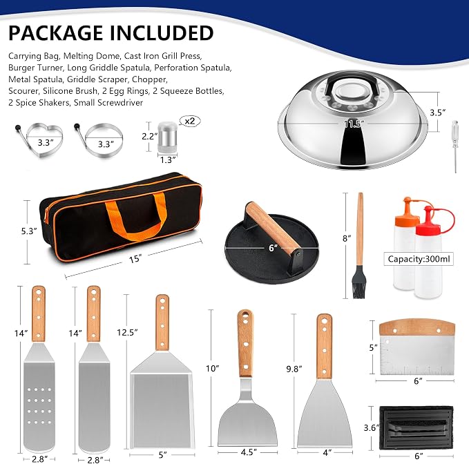 Joyfair 18Pcs Griddle Accessories Kit for Blackstone, (Wooden Handles) | Flattop Grilling Accessory Set With Smash Burger Press, Stainless Steel Spatula Tool, Basting Cover For Outdoor BBQ Cooking