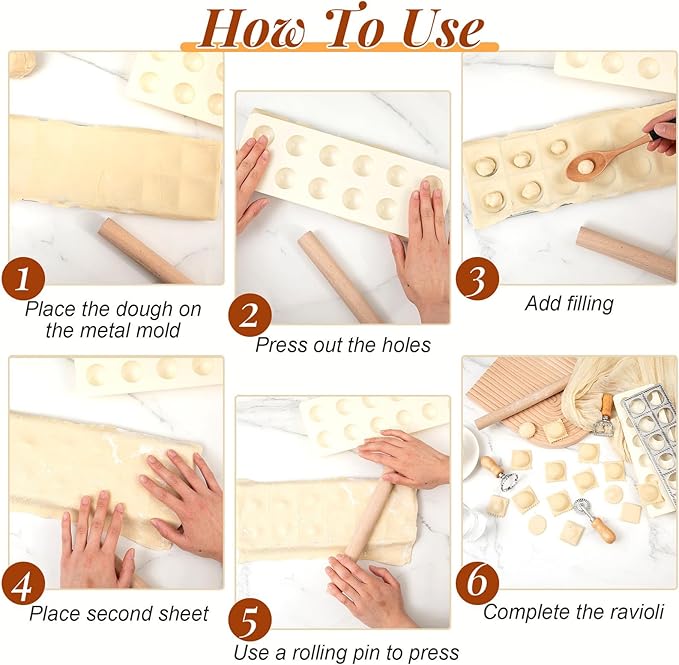 Tioncy 9 Pcs Pasta Making Tool Set, Wood Gnocchi Board with Ravioli Mold Raviolo Maker Raviolo Stamp Rolling Pin Gnocco Maker for Home Cooking Kitchen Gift(Pattern Gnocchi Board with Ravioli Mold Set)