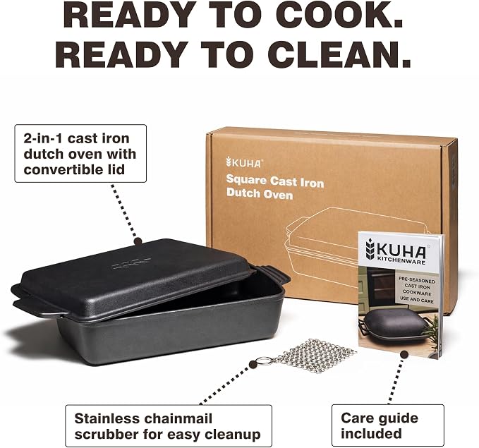 KUHA Square Cast Iron Dutch Oven 2-in-1 | Pre-Seasoned Cast Iron Cookware | Skillet Lid & Casserole Dish | For Baking, Roasting & Grilling | Chainmail Scrubber Included | 13" x 9", 6 QT