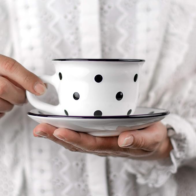 City to Cottage Handmade White And Black Polka Dot Ceramic 8.4oz/250ml | Cappuccino, Coffee, Tea Cup and Saucer, Unique Designer Pottery for Tea Lovers