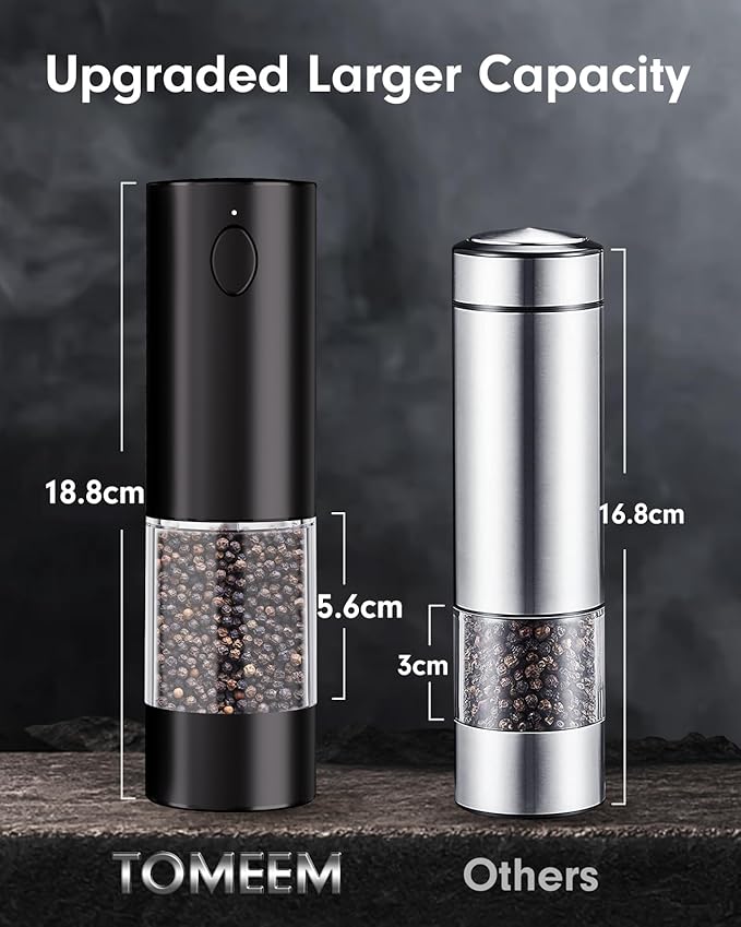 TOMEEM Upgraded Larger Capacity Electric Salt and Pepper Grinder Set Rechargeable with LED lights, Stainless Steel Automatic Pepper and Salt Grinder Refillable with 5 Adjustable Coarseness Black