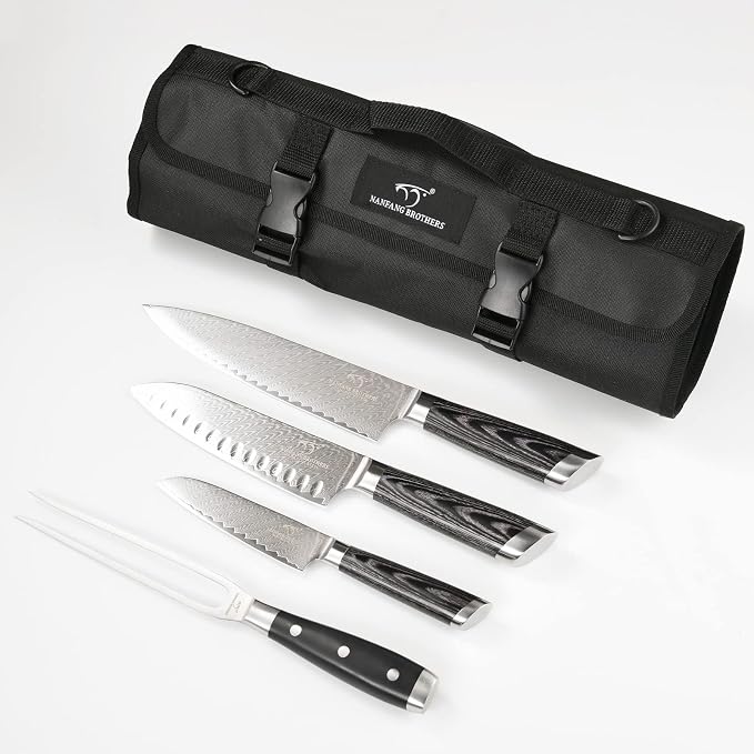 Chef Knife Set with Roll Bag, 8 Pieces Damascus Knife Set with VG10 Core Blades, 67-Layer Damascus Steel with Portable Oxford Cloth Storage Bag, Blade Guards, Camping Essentials