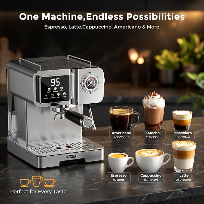 58mm Espresso Machine with Milk Frother, 20 Bar Semi-Automatic Coffee Maker, Visual Pressure Gauge & Touchscreen LCD Display, Professional Home Espresso Machine for Latte & Cappuccino, Silver