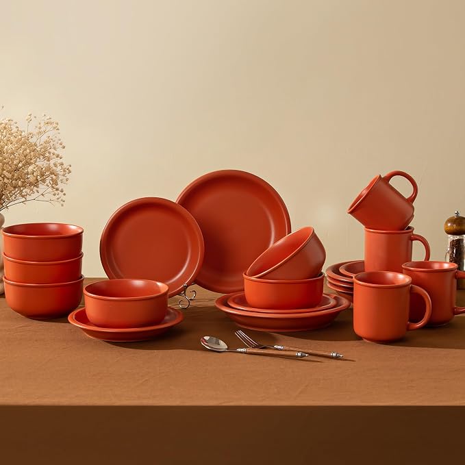Timeworn Clay Dinnerware Set, 12 Pieces, Terracotta Red | Stoneware, Hand-Finished Glaze, Farmhouse Style, Microwave and Dishwasher Safe