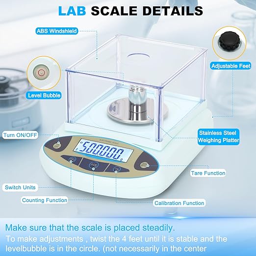 Lab Scale 500g*0.001g,High Precision Accurate Analytical Balance with Windshield,Lab Scale Electronic Scientific Scale Digital Precision Weighing Scale Jewelry Scales(with 200g Calibration Weight)