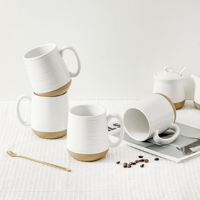 HASENSE Coffee Mugs Set of 4, 15oz Ceramic Coffee Cups with Handle, Two-Tone Design for Cappuccino Latte Tea, Large Microwave Dishwasher SafeMug Set, Housewarming Gift, Creamy White