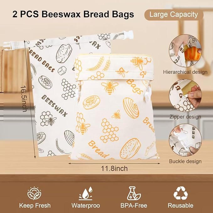 Reusable Beeswax Bread Bags for Homemade Bread with Zipper,Cotton Sourdough Bread Storage Bags,Airtight Freshness Keeper Bakery Essentials (2 Packs)