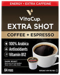 VitaCup Extra Shot Strong Coffee Pods, Bold & Intense Dark Roast w/Espresso Shot, High Caffeine, Vitamin B12, Antioxidants, Single Serve Pod Compatible with Keurig K-Cup Brewers, 64ct