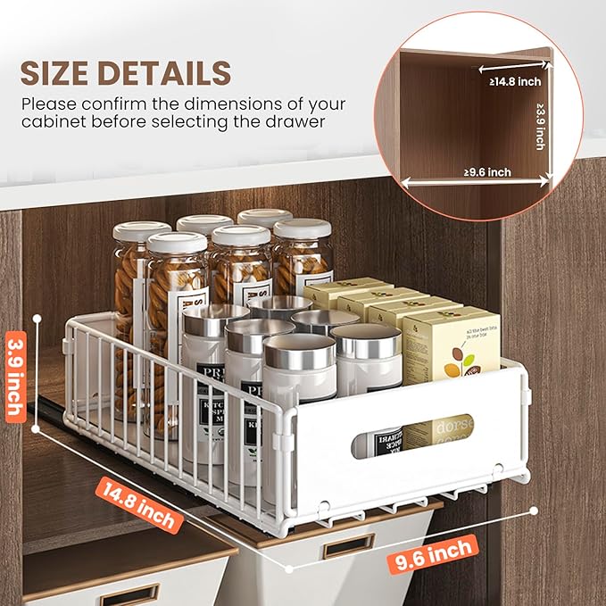 2 Pack Pull Out Cabinet Organizer, Heavy Duty Slide Out Drawer with No Drill Adhesive or Screw Mount, Carbon Steel Roll Out Shelf for Kitchen Cabinet, Pantry & Bathroom Storage