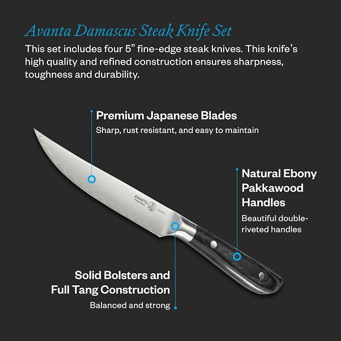 Messermeister Avanta Damascus Forged 5” Fine Edge Steak Knife Set - Rust Resistant & Easy to Maintain - Includes 4 Steak Knives