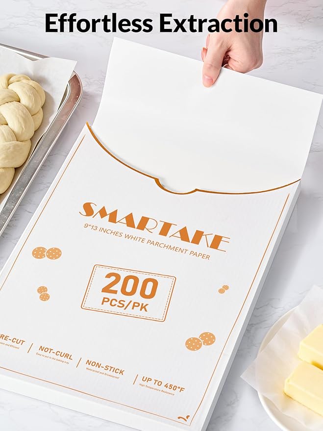 SMARTAKE 200 Pcs Parchment Paper Baking Sheets, 9x13 Inch Non-Stick Precut Baking Parchment, Suitable for Baking Grilling Air Fryer Steaming Bread Cup Cake Cookie and More (White)