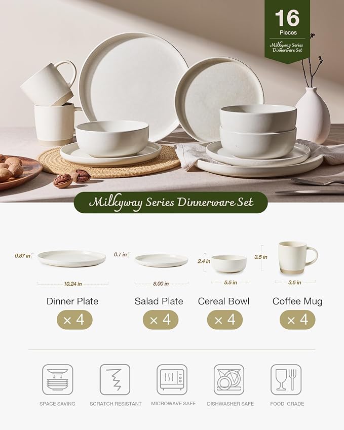 Famiware Milkyway Stoneware Dinnerware Sets with Mugs, Service for 4 (16 Pieces), Reactive Glaze Plates and Bowls Sets, Microwave and Dishwasher Safe Dishes Set, Matte Beige White