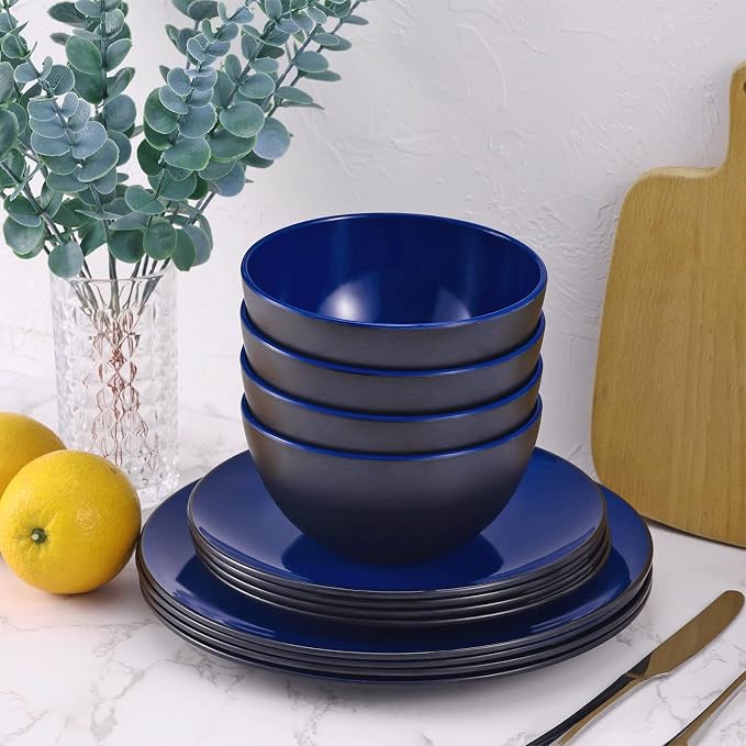TP 12-Piece Melamine Dinnerware Sets, Plates and Bowls Dishes Set for 4, Break-Resistant & Non-Microwavable, Lightweight Dinner Plates, Black and Blue