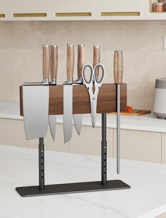 NiHome Magnetic Knife Holder, Adjustable Height (8.66–11.81") Acacia Wood Knife Block, Double-Sided Magnet Stand with Heavy Duty Metal Base, Non-Slip Organizer for Kitchen Countertop