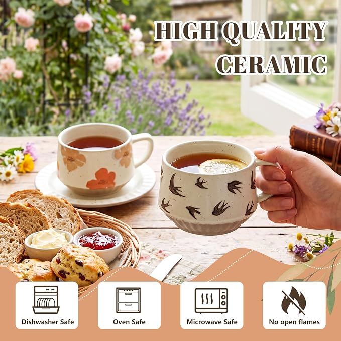 LemonRoad Vintage Tea Cup and Saucer Set of 2, 10oz Porcelain Coffee Mugs with Saucer for Latte Mocha Cappuccino Ceramic Teacups for Housewarming Wedding Gifts Kitchen Table Decor