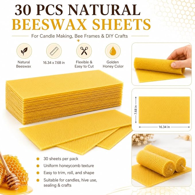 30Pcs Beeswax Sheets for Candle Making, Natural Wax Foundation for Bee Frames, DIY Candle Making Kit, Bees Wax Sheets for Beehives Honey (16.34 x 7.68inch)