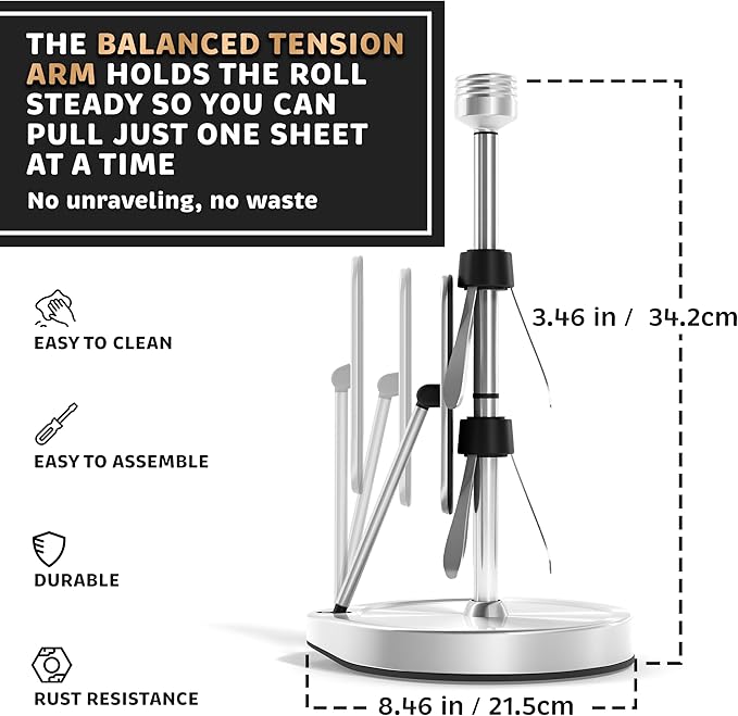 Heavy-Duty Stainless Steel Paper Towel Holder - Easy One-Handed Tear with Suction Cups - Modern Weighted Standing Countertop Dispenser for Kitchen - Holds All Paper Towel Rolls, Silver