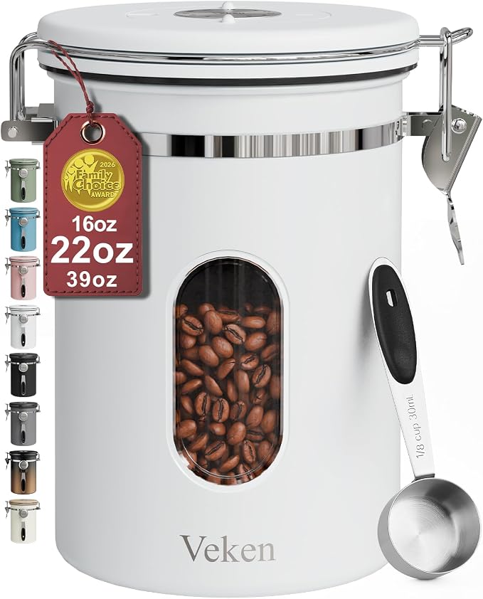 Veken Coffee Canister with Window, Airtight Stainless Steel Kitchen Food Storage Container with Lids, Date Tracker and Scoop for Ground, Beans, Tea, Flour, Cereal, Sugar Jars, 22OZ, White
