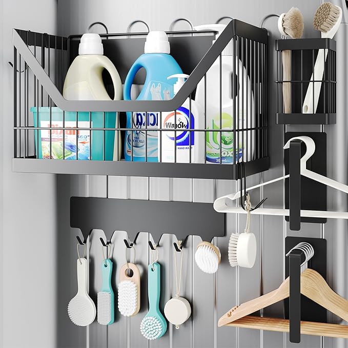 Nieifi Magnetic Shelf for Fridge 4 Pack, Onion Potato Storage, Magnetic Fridge Organizer- Fruit & Vegetable Storage Basket with Utensils Racks, Paper Towel Holder for Kitchen, Laundry Room