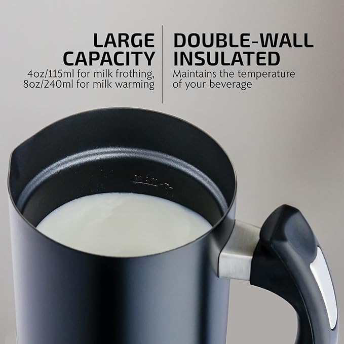 OVENTE Electric Milk Frother and Steamer, Automatic Hot and Cold Foam Maker for Coffee, Latte, Cappuccino or Macchiato, 500W Double-Wall Stainless Steel Milk Warmer with Auto Shutoff, Black FR3608B